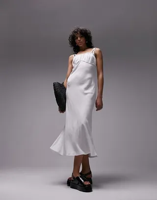 Topshop ruched pinny midi dress in ivory
