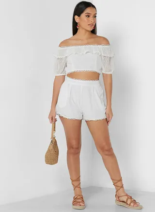 Bardot Lace Trim Crop Top & Shorts Set
