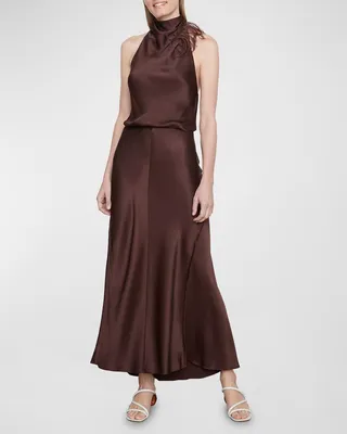 Feather Draped-Neck Open-Back Maxi Dress
