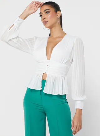 Plunge Neck Button Detail Crop Peplum Top