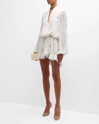 Short Embroidered Star Blouson-Sleeve Dress