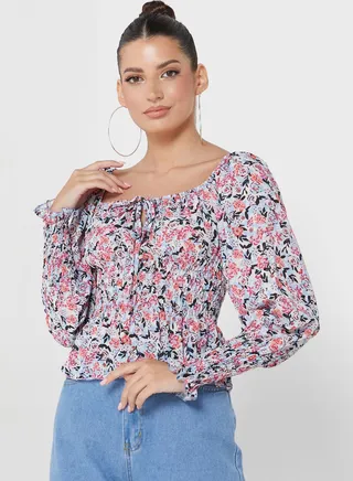 Floral Print Balloon Sleeve Peplum Top