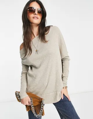 Free People slash neck long sleeve blouse in neutral