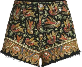 Black Denim Shorts With Birds