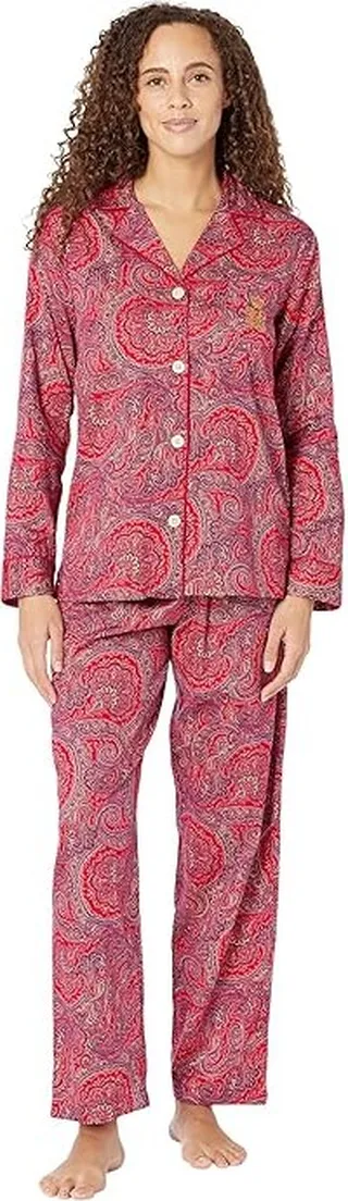 LAUREN Ralph Lauren Long Sleeve Notch Collar Long PJ Set (Berry Print) Women's Pajama Sets