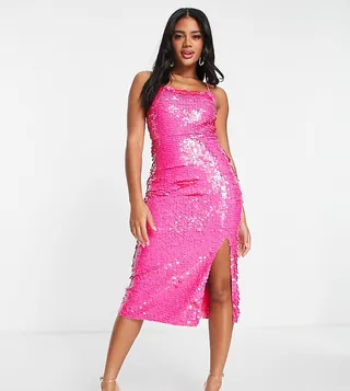 Lace & Beads exclusive leg split midi dress in bright pink disc sequin