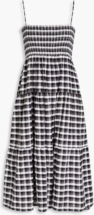 Portofino shirred gingham cotton-jacquard midi dress