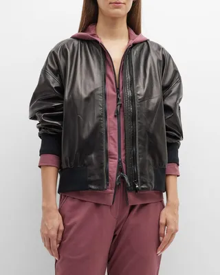 Monili-Trim Glossy Nappa Leather Bomber Jacket