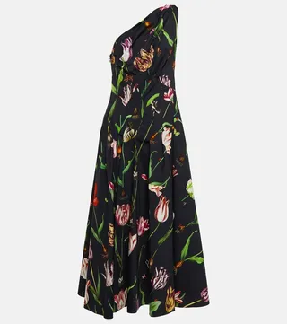 One-shoulder cotton-blend midi dress