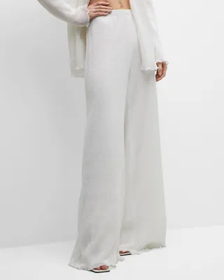 Wide-Leg Pleated Sequin Mesh Pants