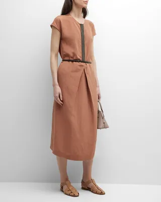 Belted Bead-Embellished Linen-Silk Midi Dress