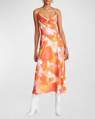 Avani Cowl-Neck Watercolor-Print Midi Dress