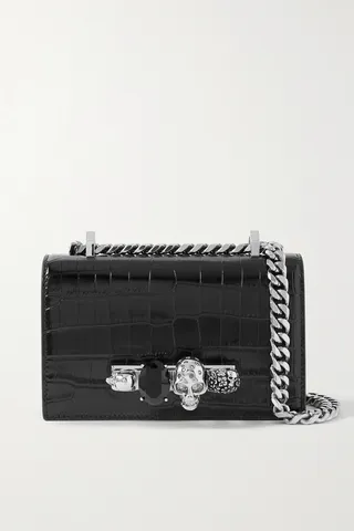 Alexander McQueen - Jewelled Satchel Embellished Croc-effect Leather Shoulder Bag - Black