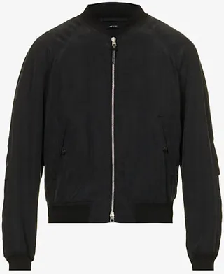 Mens Black Stand-collar Raglan-sleeve Boxy-fit Silk Bomber Jacket