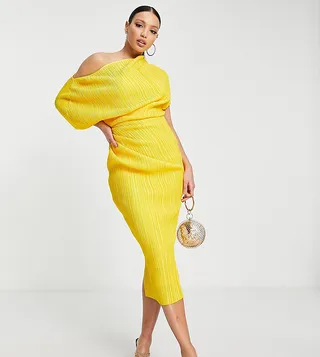 ASOS DESIGN Tall fallen shoulder plisse midi dress in Lemon