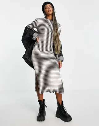 Topshop high neck ribbed jersey midi dress in stripe