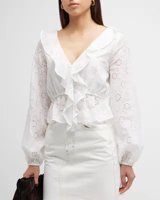 Ruffle-Front Eyelet Top