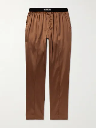 Velvet-Trimmed Stretch-Silk Satin Pyjama Trousers