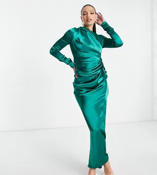ASOS DESIGN Tall satin high drape neck maxi in green