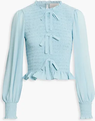 Audrina pussy-bow shirred crepe blouse