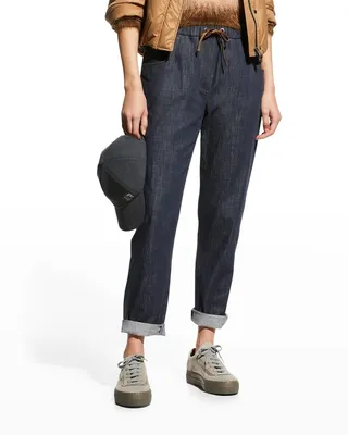 Straight-Leg Pull-On Denim Pants with Monili Trim