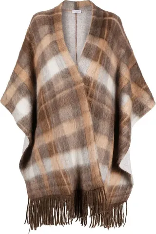 Check-Print Frayed-Edge Cape