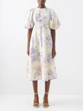 Puff-sleeve Printed Linen Midi Dress