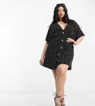 ASOS DESIGN Curve flutter sleeve mini tea dress with buttons in mono spot