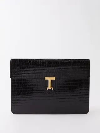 T-hardware Crocodile-effect Leather Briefcase