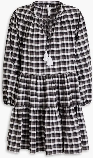 Portofino gathered gingham cotton-jacquard mini dress