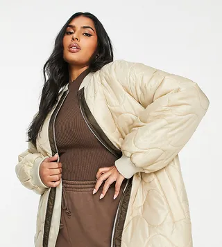ASOS DESIGN Curve onion quilt bomber jacket in camel