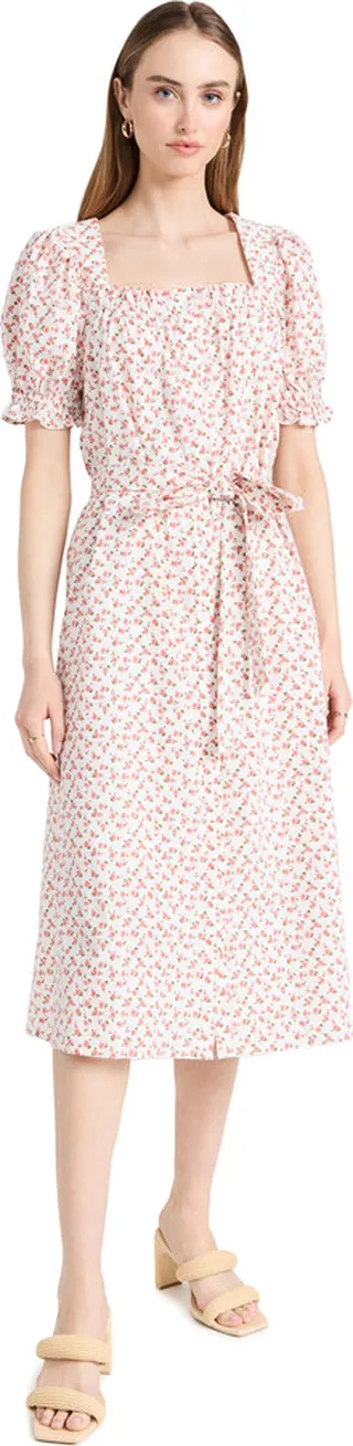 English Factory Floral Midi Dress with Short Puff Sleeve