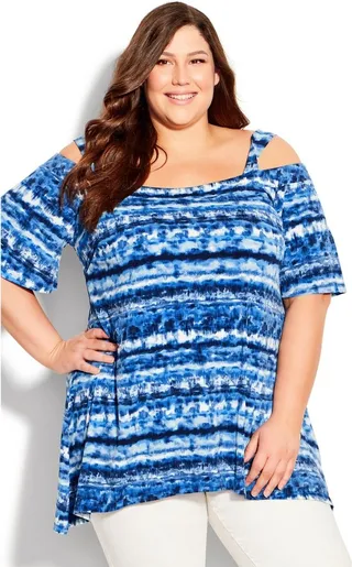 AVENUE | Women's Plus Size Cold Shoulder Print Tunic - blue tie dye - 20W