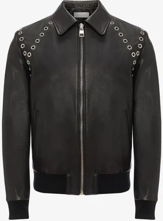 Men's Eyelets Leather Jacket In Black