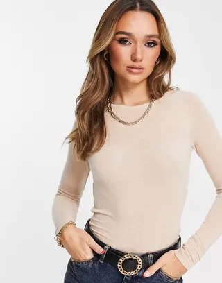 ASOS DESIGN fine knit long sleeve crew neck top in camel heather