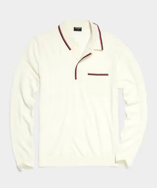 Long-Sleeve Merino Tipped Polo in Antique White