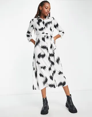 Pieces exclusive midi button through shirt dress in white & black print