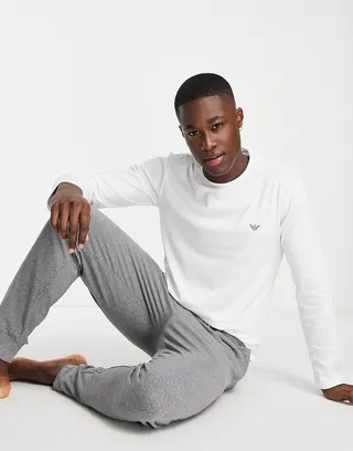 Emporio Armani Bodywear long sleeve top and lounge sweatpants in white and gray