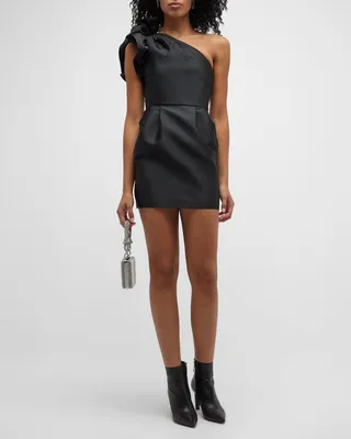 Pleated One-Shoulder Ruffle Mini Dress