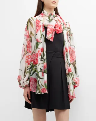 Floral-Print Neck-Tie Silk Chiffon Shirt