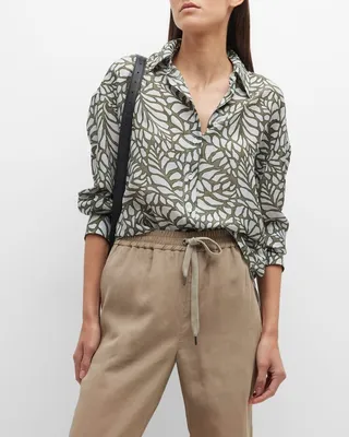 Botanical-Print Pongee Silk Button-Up Blouse