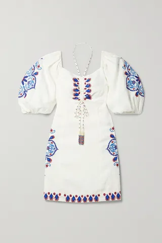 Farm Rio - Embellished Embroidered Linen-blend Mini Dress - Off-white