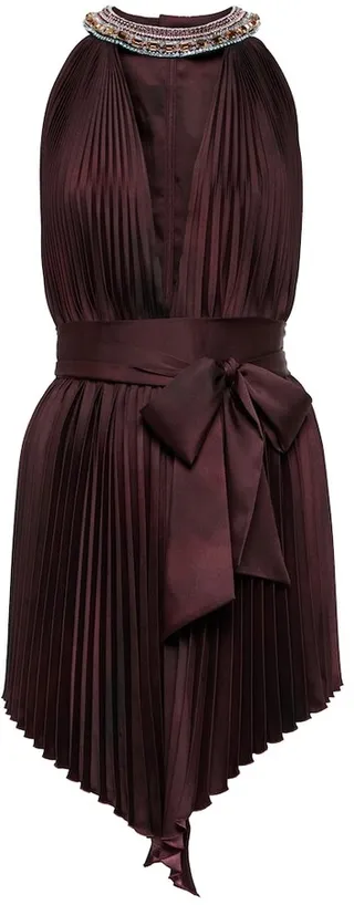 Embellished pleated twill minidress