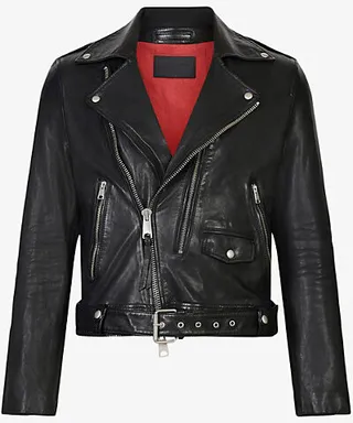 Mens Black Dren Biker-collar Zip-detail Leather Jacket