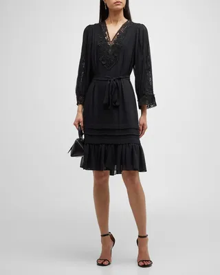 Linda Pleated Lace-Trim Flounce Midi Dress