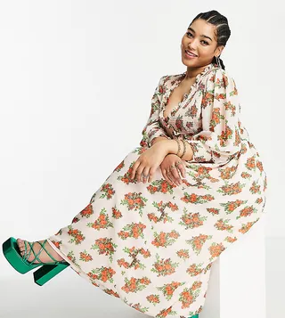 ASOS DESIGN Curve midi smock dress with shirred cuffs in red floral print