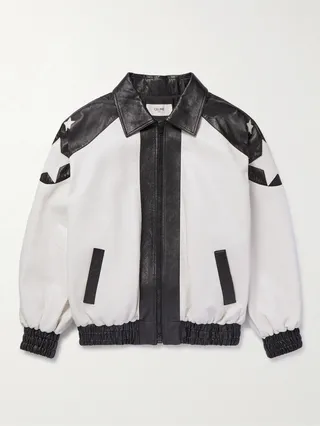 Oversized Appliquéd Colour-Block Leather Bomber Jacket