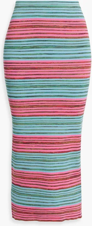 Striped ribbed cotton-blend midi skirt