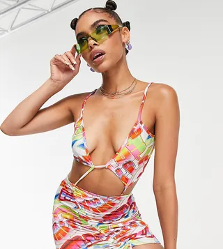 ASYOU strap detail cut out bikini mini dress in graffiti print