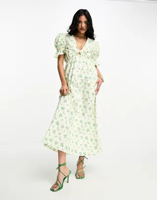 ASOS DESIGN cotton midi smock dress in cream based green floral print